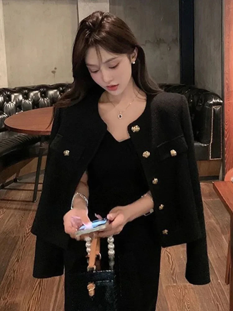 Simple Solid England Tweed Jacket Women Elegant Buttons Long Sleeve Sweet Coat Casual O Neck Fashion Loose Fall Winter Top 251027