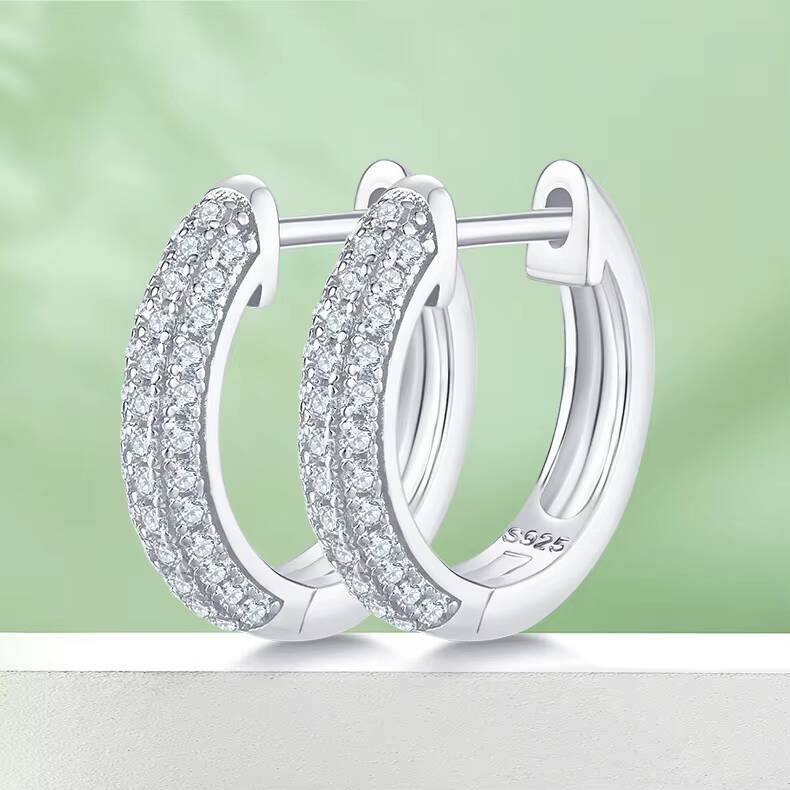 Classic Hot Sale 925 Sterling Silver 10MM 0005CT Round Moissanite Three Row Hoop Earrings for Women Half Earrings