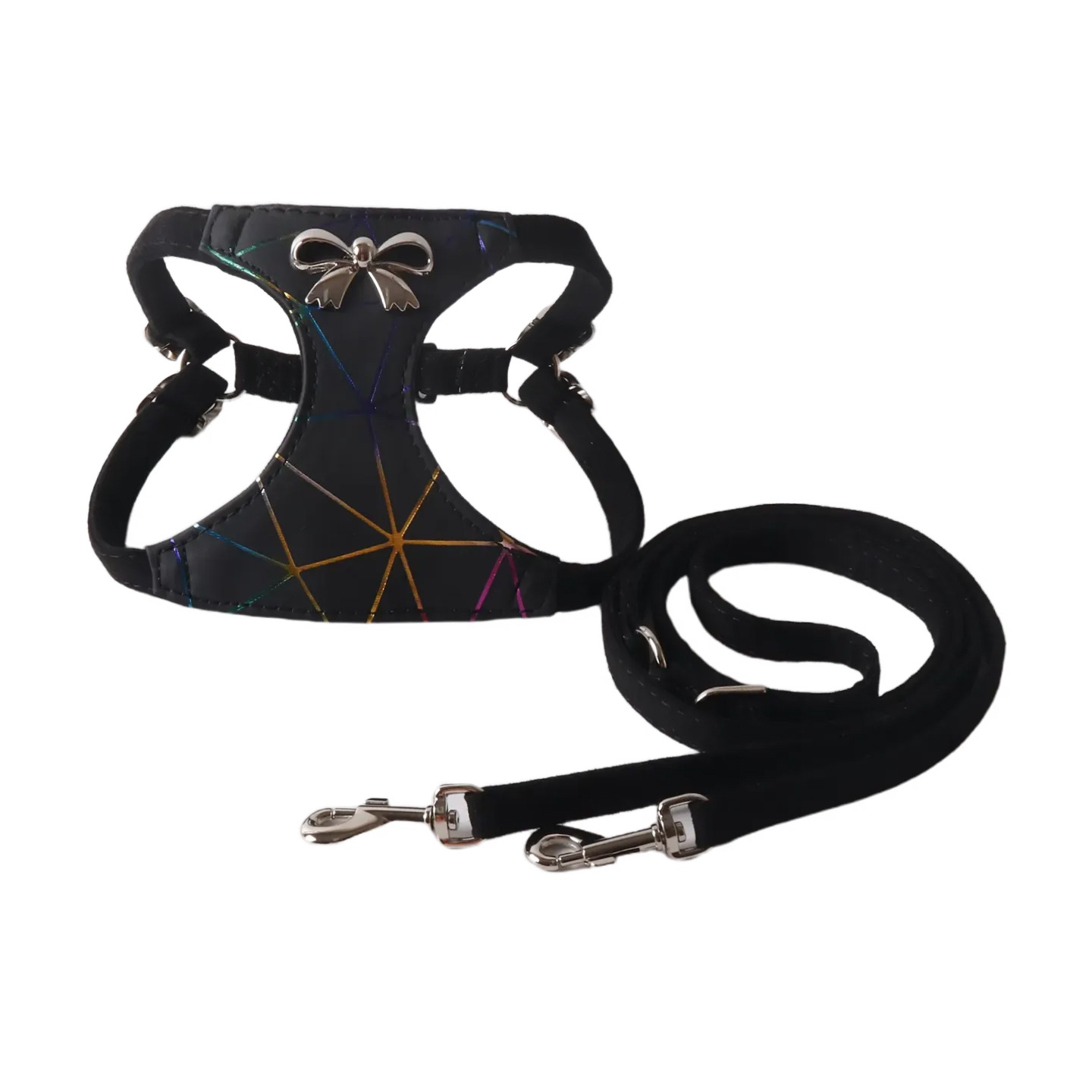 Matte PU Luxury Pet Harness and Leather Set with Rainbow Metal Pattern and Bow Details - Adjustable Walking Vest for Small Medium Dogs B158
