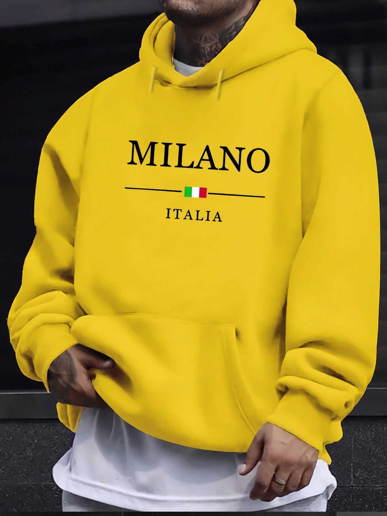 Mens AutumnWinter Casual Fashion Loose Hoodie MILANO ITALIA Pattern Printed Long Sleeve Warm Hoodie W251027