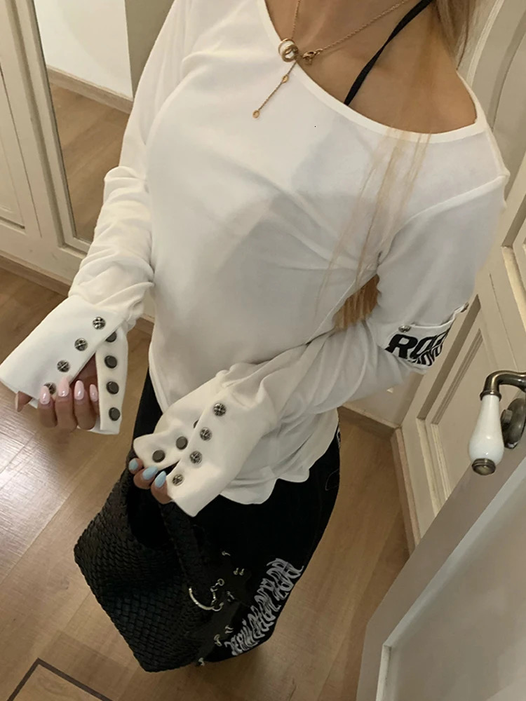 Tonngirls American Retro Print Tshirt Women Long Sleece Button Graphic Tops Y2k Tops 2000s Japanese Grunge Tops Egirls Autumn 251027