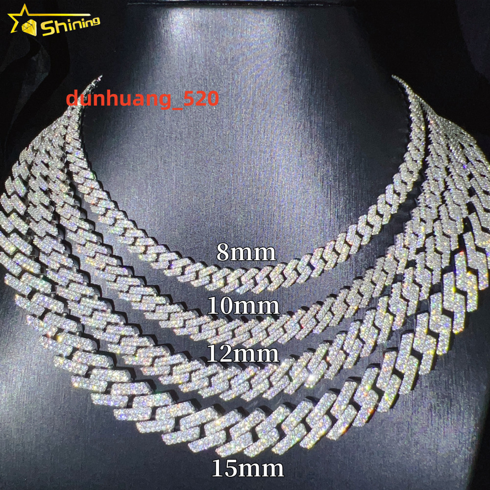 Iced Out Vvs Moissanite 2 Rows Miami Gold Cuban Chain Necklace 925 Sterling Silver Diamond Moissanite Cuban Link Chain
