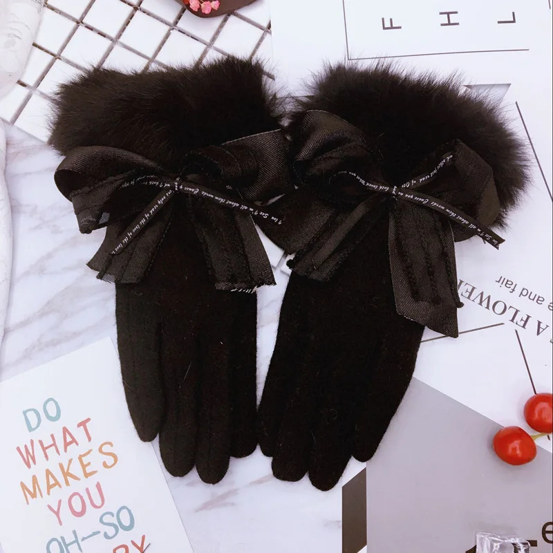 AllMatch Female Autumn and Winter Cute Warm Touch Screen Thick Rabbit Fur Wool Cashmere Warm Finger Gloves 251024