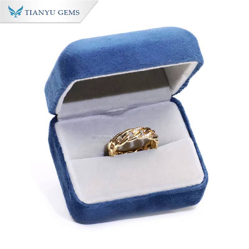 Tianyu Gems 6mm Cuban Link Ring Wedding Band Round Cut Moissanite Colorless Diamonds 18k 14k 10k Yellow Gold Rings for Male