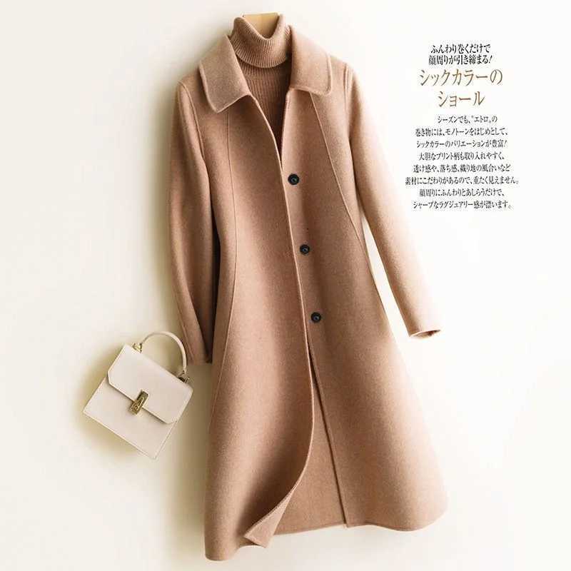 Wine Red Beige Wool Coat Female Autumn and Winter New Doll Collar Slimfit Thickened MidLength Woolen Coat Solid Color X66 M251027