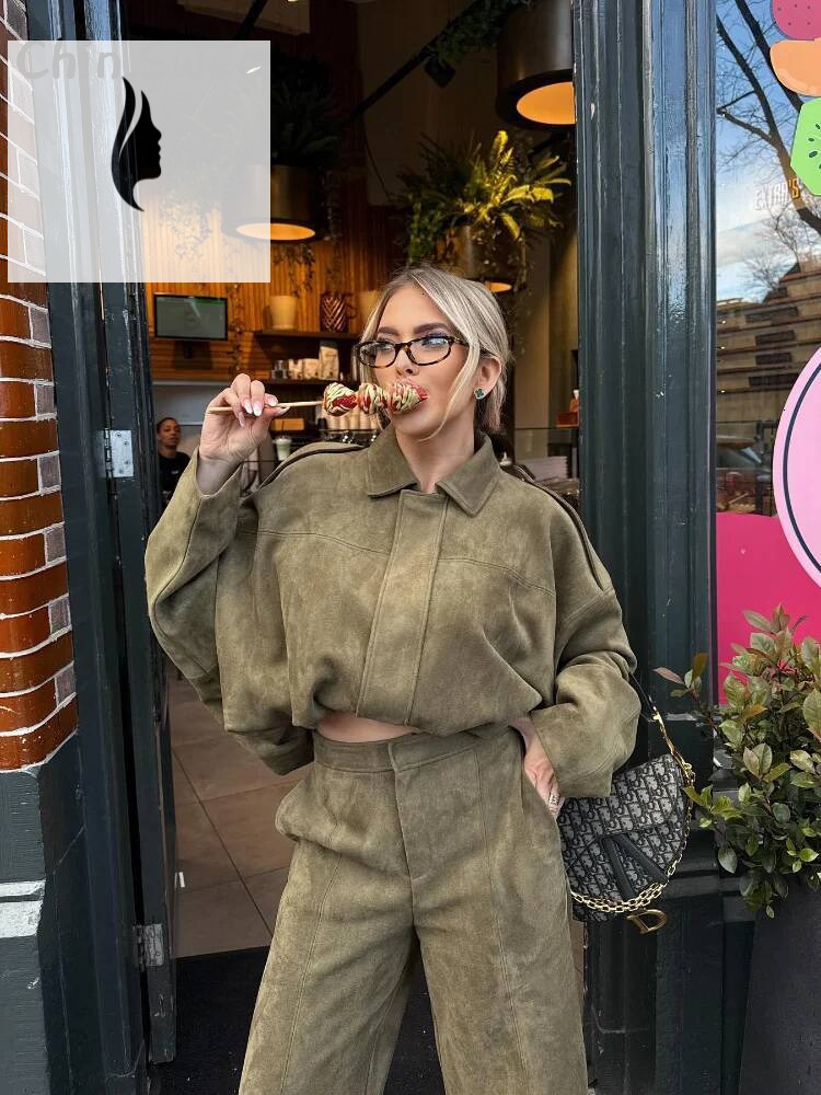 winter jacket women Vintage Suede Green Bomber Jacket Women Loose Lapel Full Sleeve Zipper Commute Coat Autumn Lady High Street All-match Coats