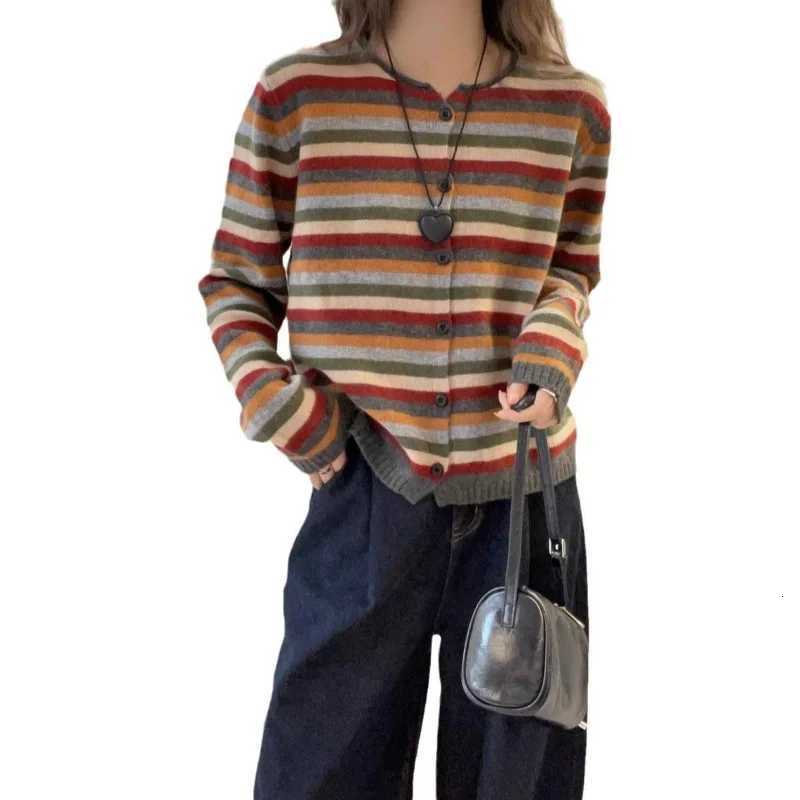 Round Neck Long Sleeve Color Striped Knitted Cardigan for Women in Autumn New Fashionable and Fashionable Sweater JacketT251027