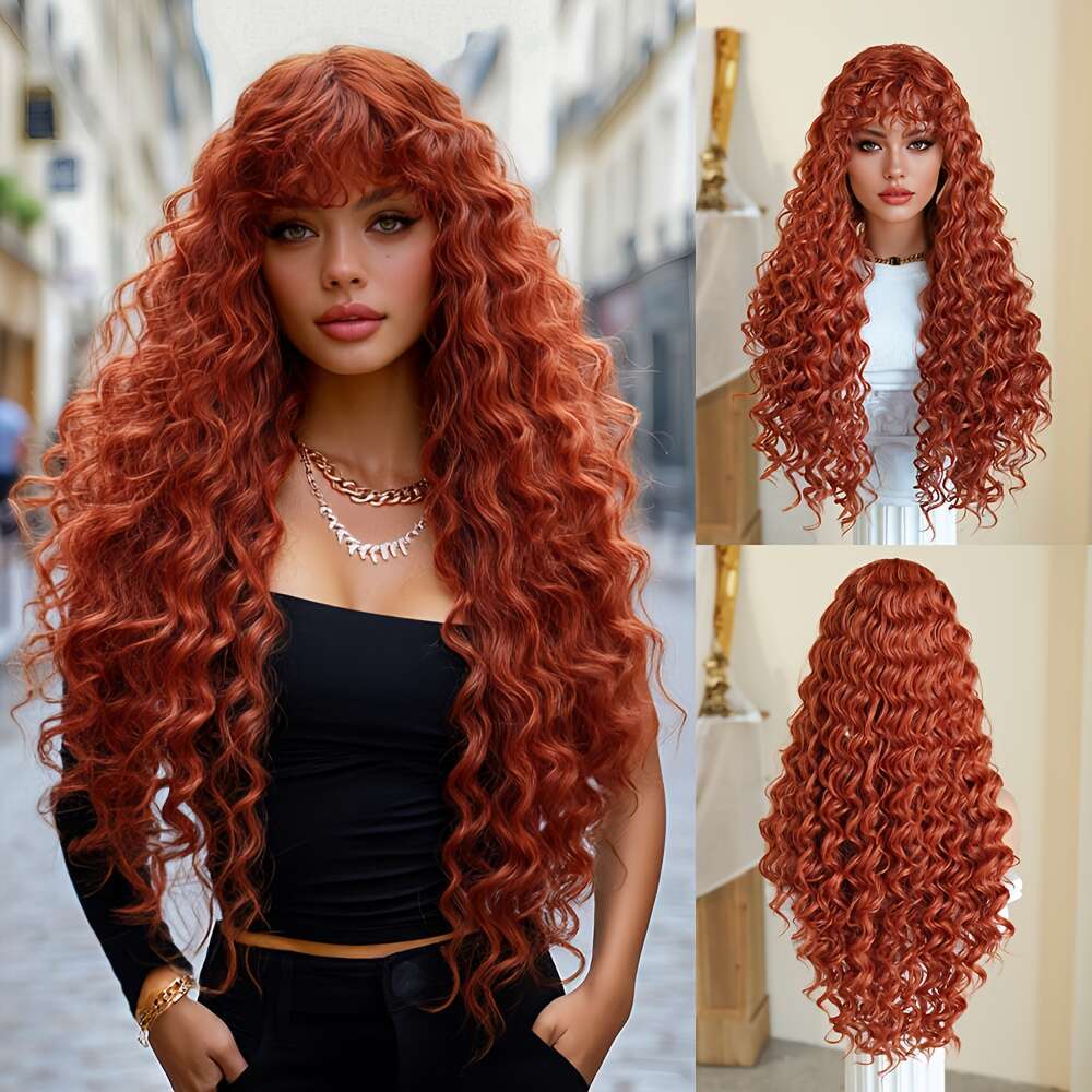 Costume Long Deep Orange Brown With Bangs High Density Fluffy Curly Wave Wig Heat Resistant Synthetic For Women Daily Party Use Music Festival Hallowe