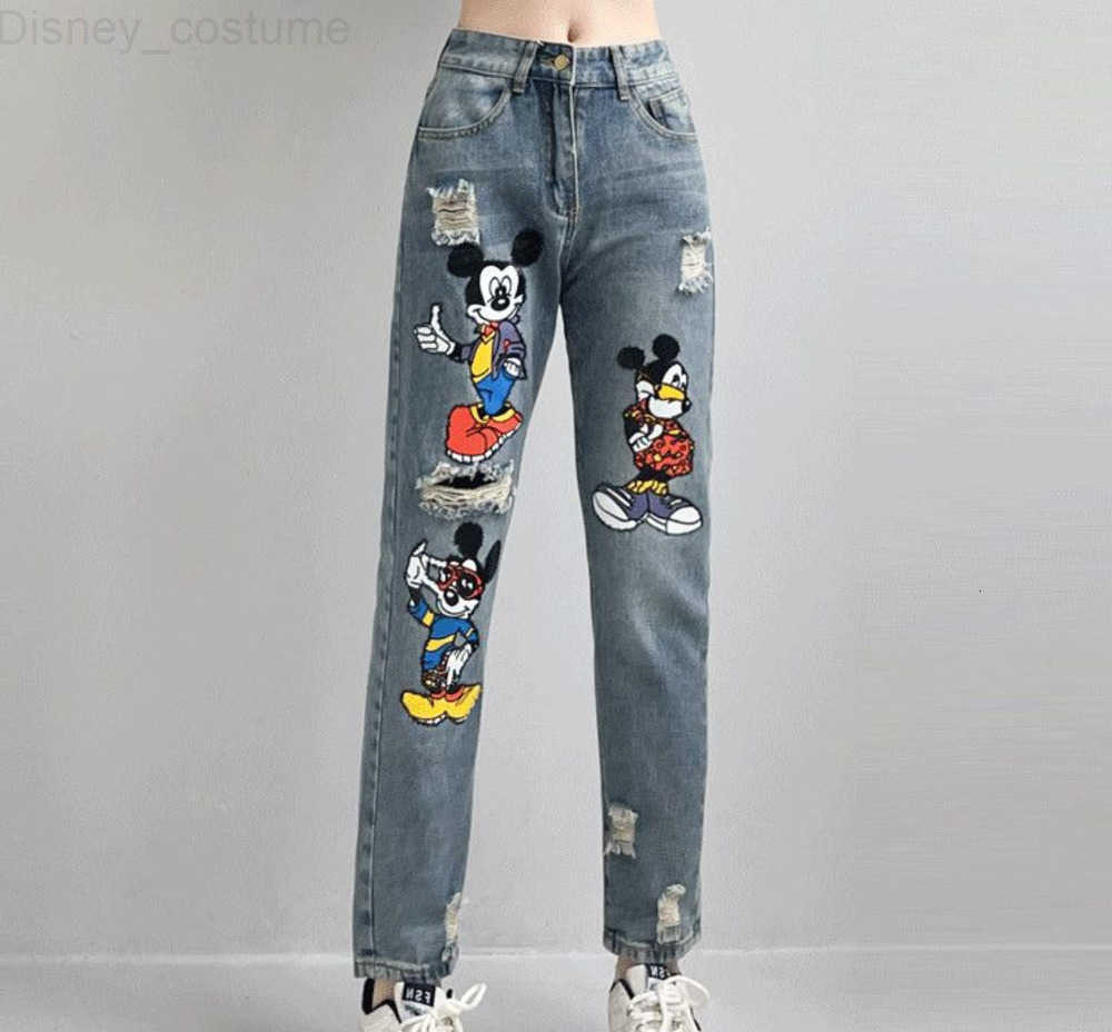 Disney Mickey Mouse Ripped Jeans Womens New Cartoon Print Loose High Waist Denim Pants Fashion Vintage Trend Casual Haren Pants H251027
