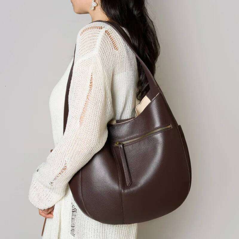 Hot Sale High Quality Retro Coffee Color Bucket Tote Thick First Layer Cow Leather Women Underarm Shoulder Bag Lazy Casual