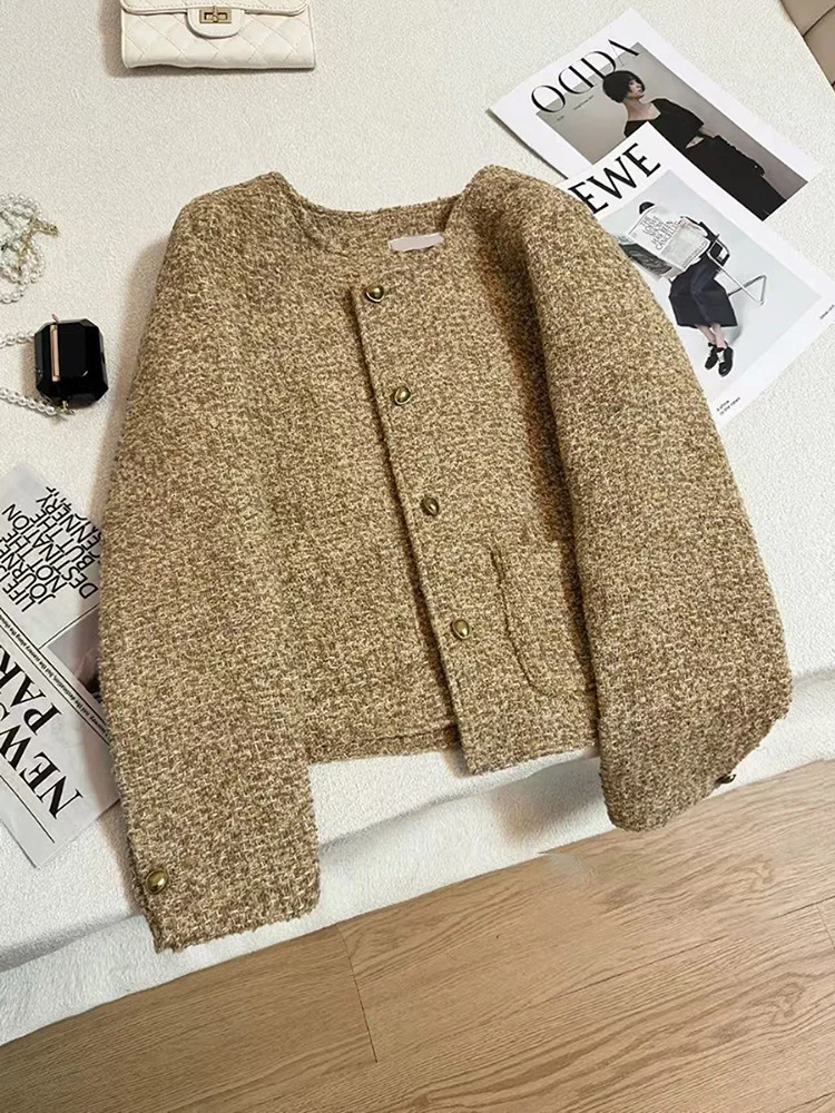 Vintage Tweed Jacket Women Korean Elegant Single Breasted O Neck Crop Coats Y2K Autumn Office Lady Casual Outwear 251027