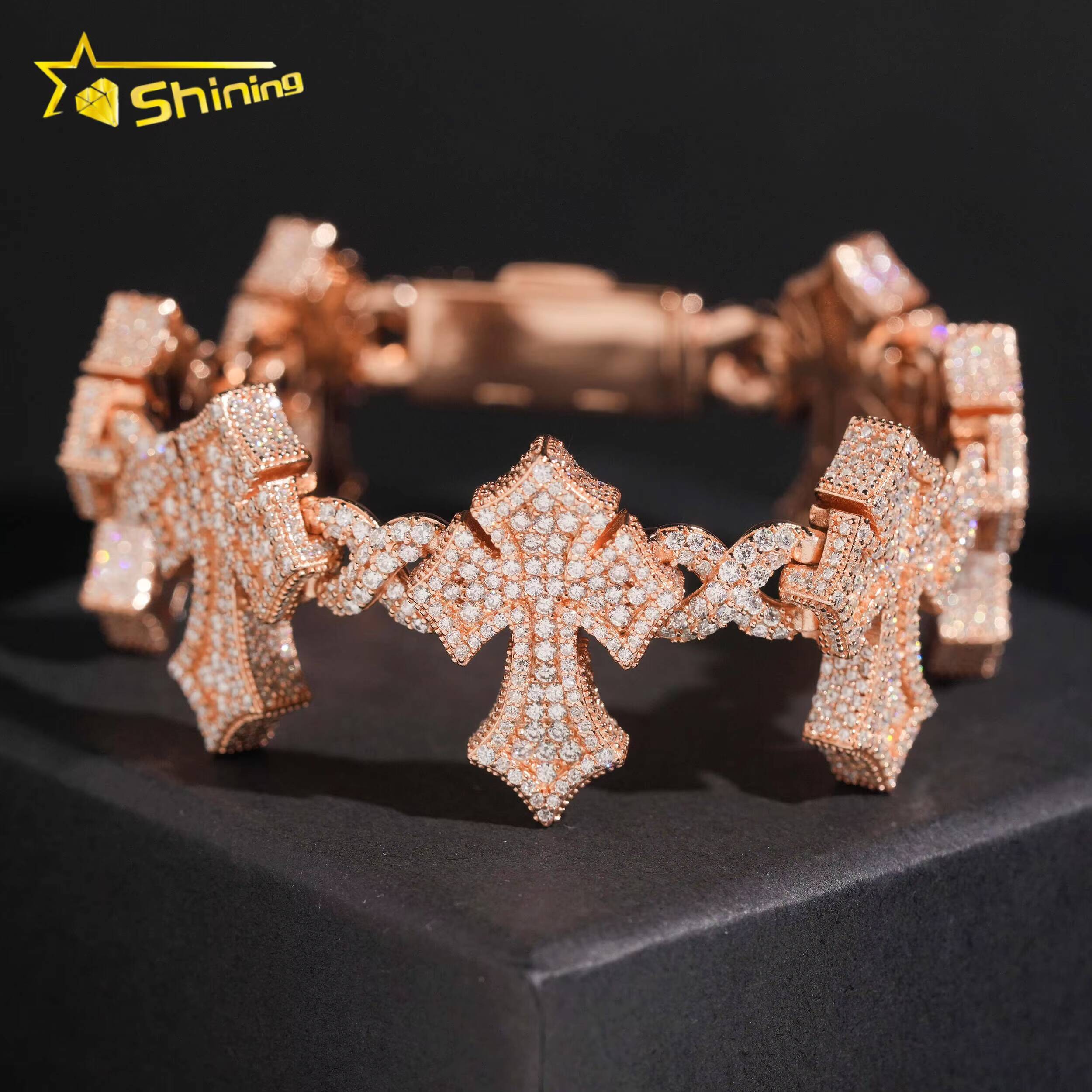 Hip Hop Jewelry GRA Certificated Cross Moissanite Cuban Link Bracelet Custom Iced Out 925 Silver Bracelet for Men