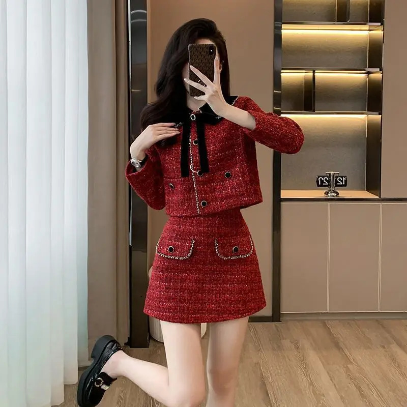 Autumn Winter Sequins Tweed 2 Piece Sets Women Spliced Long Sleeves Jackets Blazer Elegant Straight Mini Sskirt Suits 251023