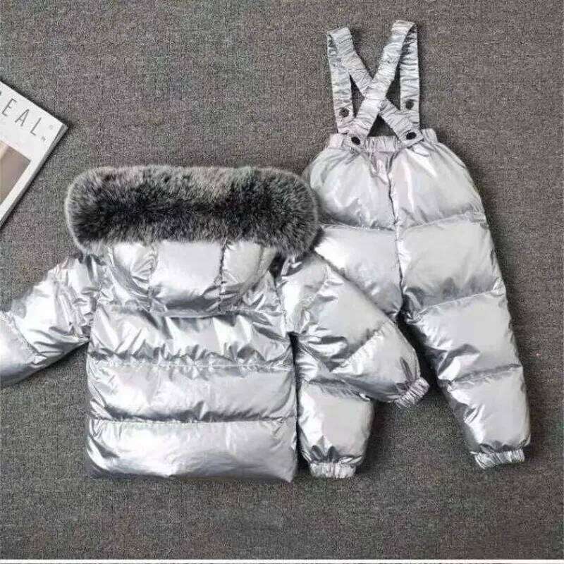 New Winter Kids Boutique Clothing 2 Pieces Sets Down Jacket Suspender Trousers Big Fur Collar Warm Soft Unisex Ski Suit