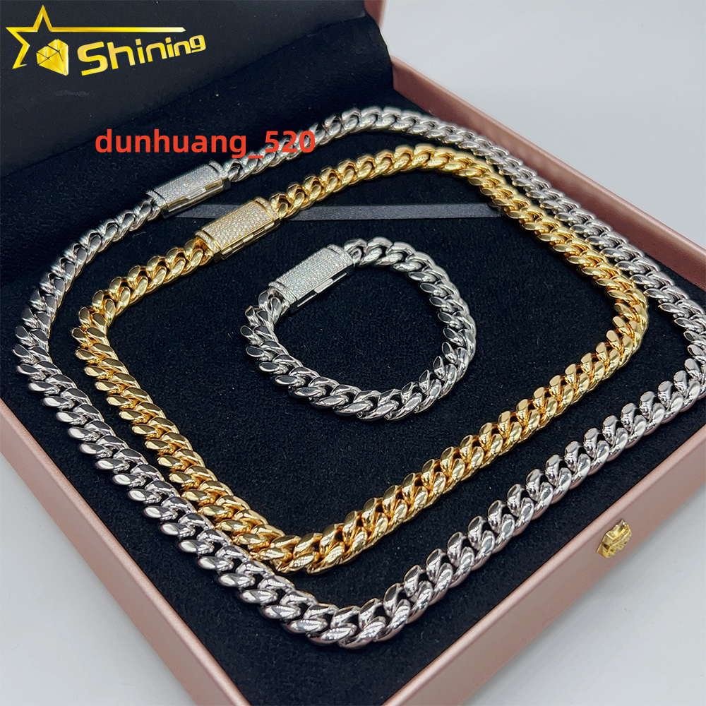 Hot Sale Miami Cuban Chain Stainless Steel Silver Moissanite Lock High Quality 10mm 12mm 14mm 18mm Cuban Necklace Bracelet