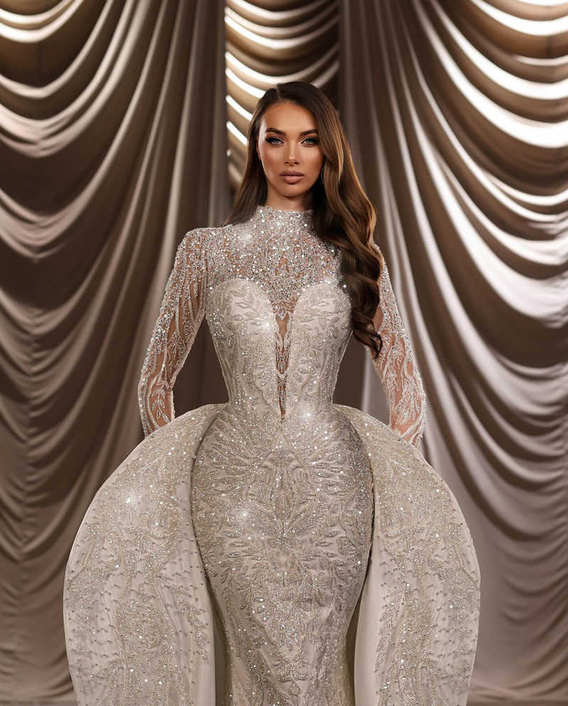 Luxury Prom Dresses Bridal Dresses Gown V-Neck Sexy Beading Dress 3D Appliques Crystal White Mermaid/Trumpet Backless Long Sleeve For Women