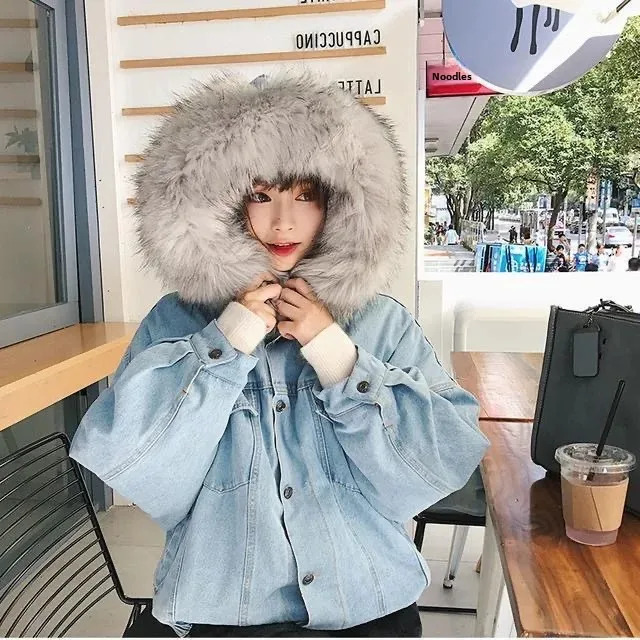 Womens Loose Fit Fleece Lined Thickened Denim Jacket with Hood Large Fur Collar Autumn Winter Style Korean Version 251027