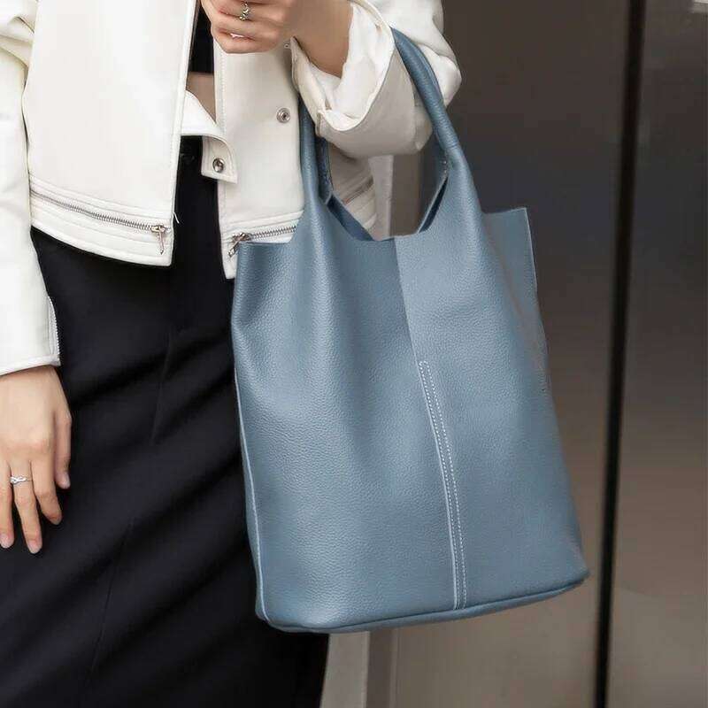 Women Bucket Female Casual Genuine Cow Leather Shoulder Bags Ladies Tote Handbags Cowhide Big Shopper Bag Lady