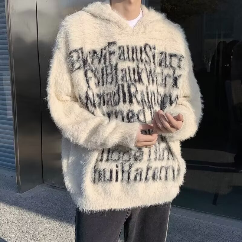 Mink Velvet Letter Jacquard Hooded Designer Sweater Sweater Men's Autumn And Winter New High Street Loose Casual Couple Knitwear Trendy Brand