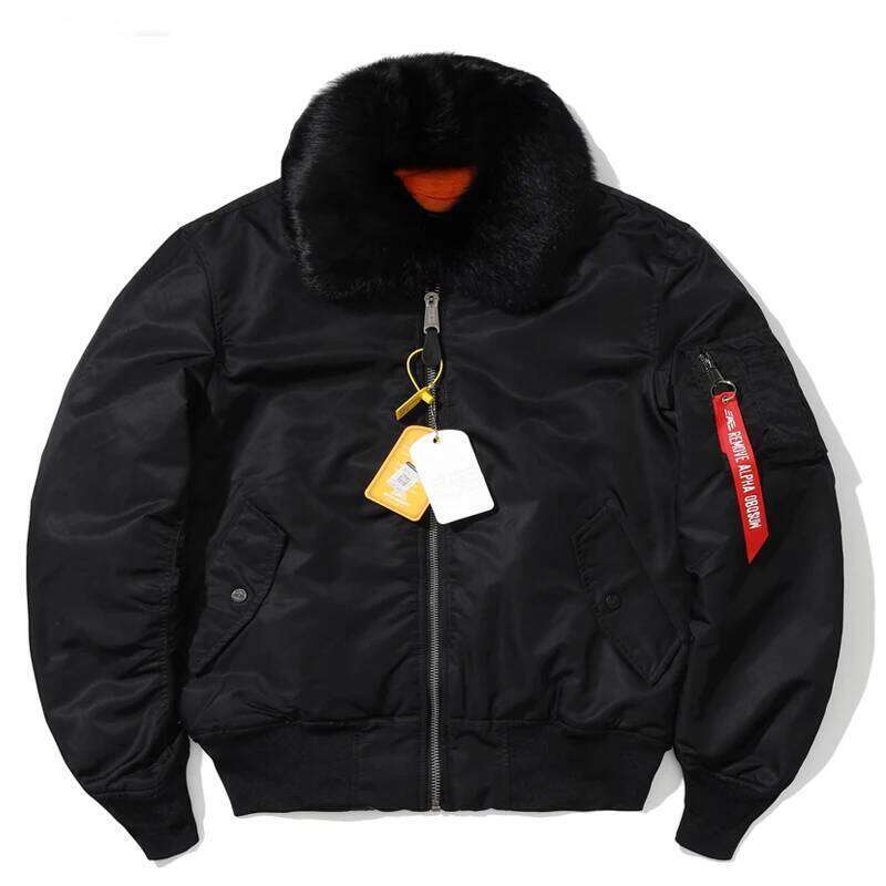 Men's Winter MA1 Bomber Jacket Windproof Warm Detachable Rabbit Fur Collar Coat