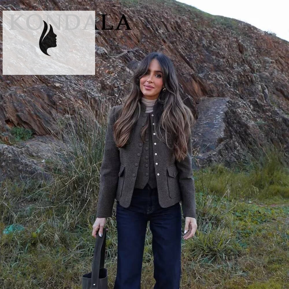 winter jacket women KONDALA Fall Winter Plaid Women's Vintage Fashion Country Brown Single Breasted Pockets Chic Ladies Elegant Jackets