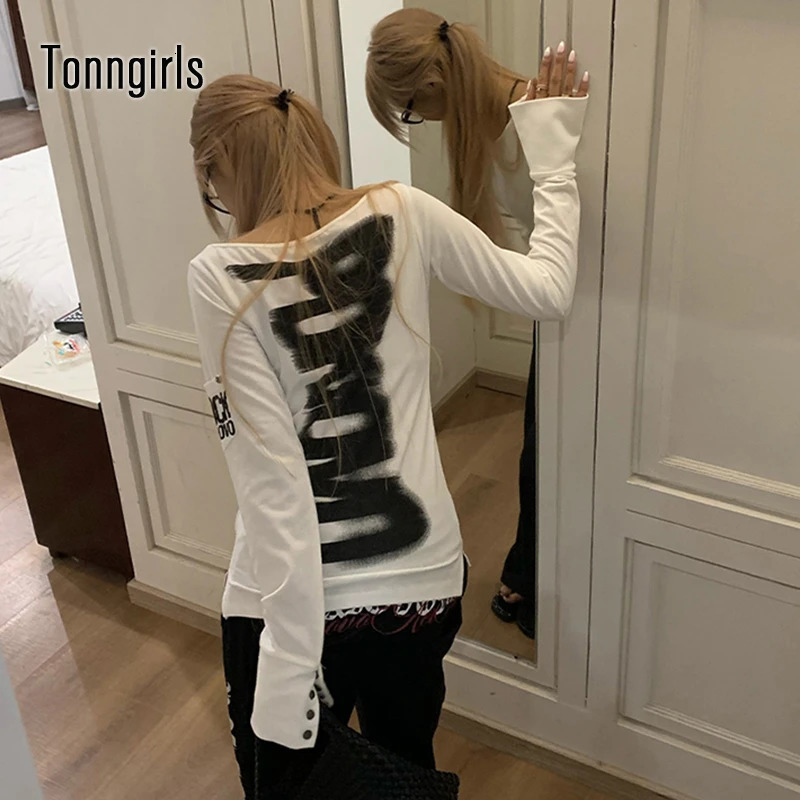 Tonngirls American Retro Print Tshirt Women Long Sleece Button Graphic Tops Y2k Tops 2000s Japanese Grunge Tops Egirls Autumn 251027