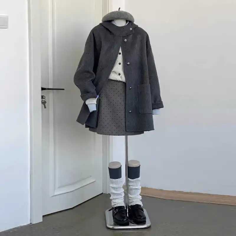 Grey Hooded DoubleSided Wool Woolen Coat For Women In Autumn And Winter 2025 New HighEnd Hepburn Style Coat M251027