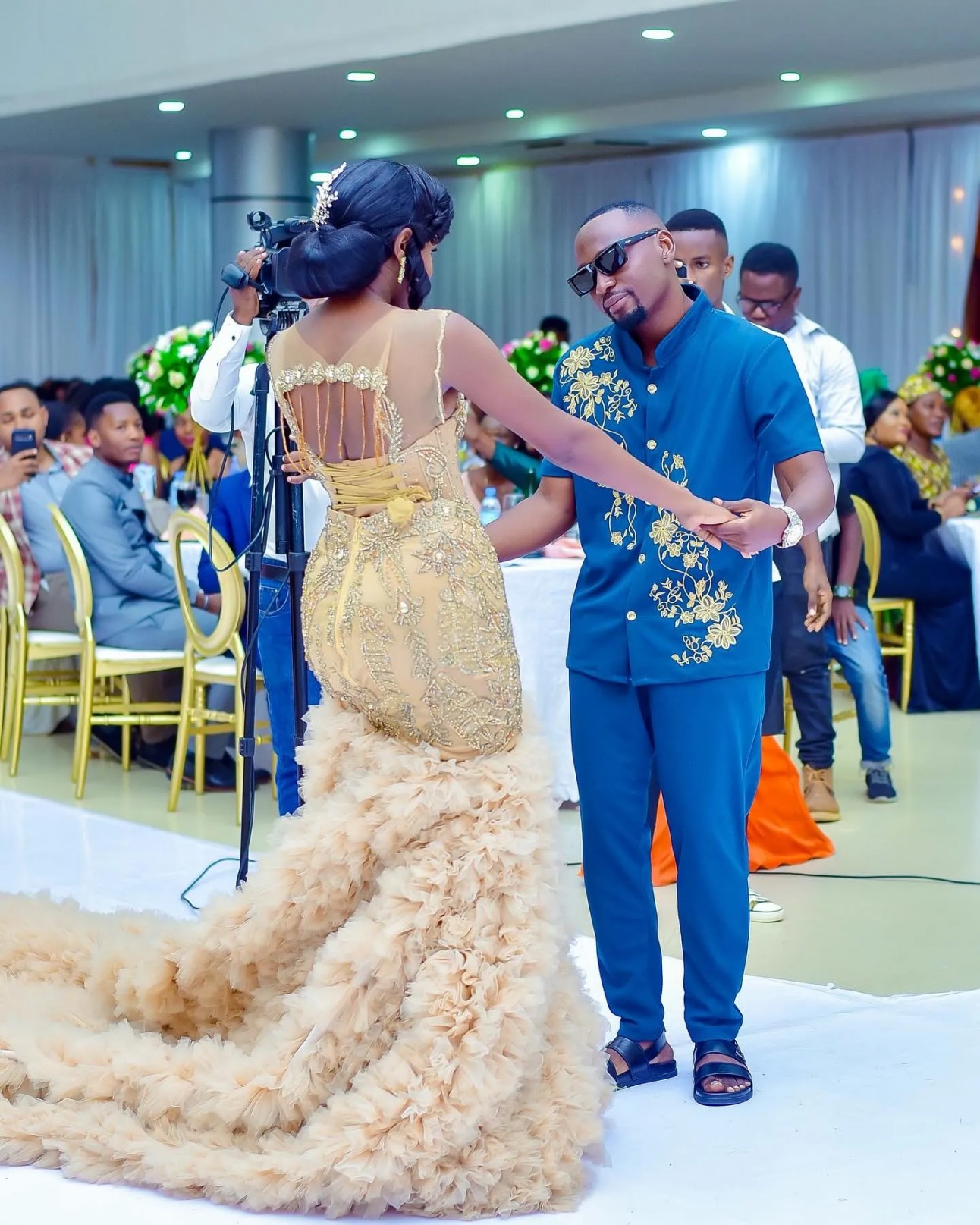 Arabic Aso Ebi Plus Size Mermaid Wedding Dress in Gold with Beaded Crystals Luxurious Tulle