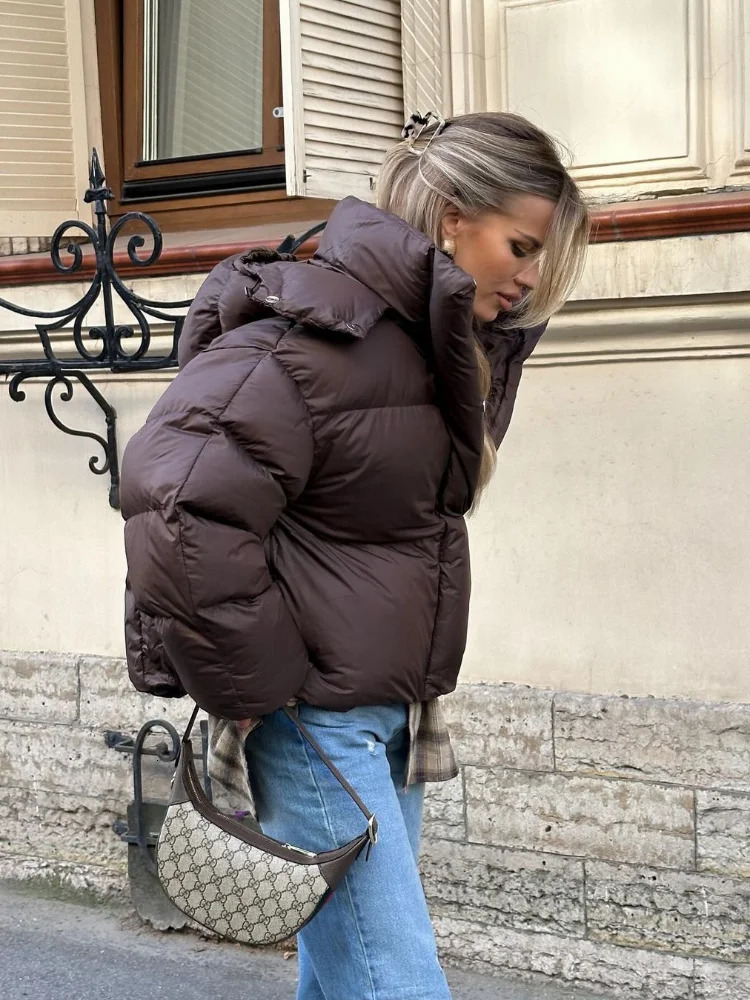Deep Brown Short Cotton Coat Women Casual Lapel Full Sleeve Single Breasted Loose Jacket Lady Winter Office Commute Outwear 251027