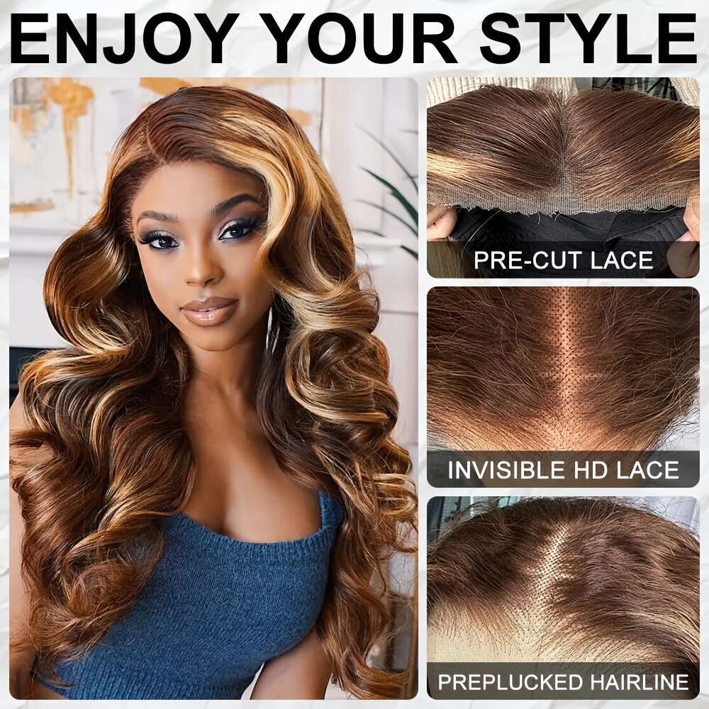 Glueless Human Hair Wig With 7X5 Front - Ombre Highlight #Fb30 Balayage Blonde/Brown Pre-Bleached Invisible Knots, 250% Density Body Wave Brown To Blo