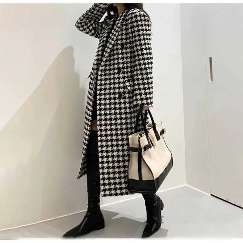 Women Autumn Winter Woolen Coat 2025 New Women Double Breasted Coat Korean Houndstooth MidLength Woolen Coat Lady Winter Jacket M251027