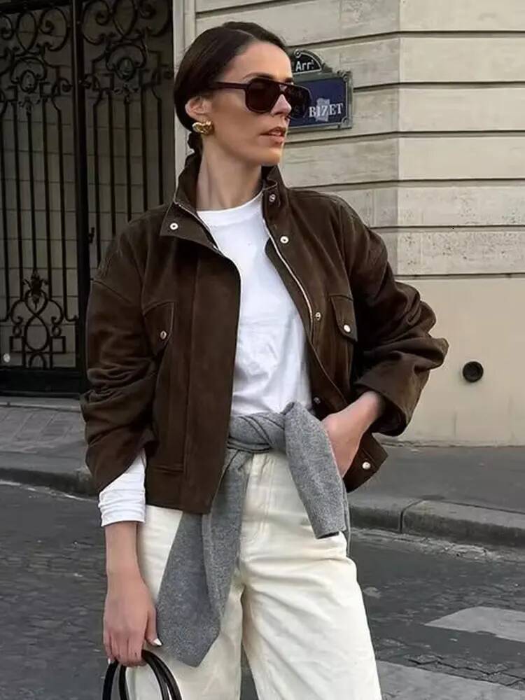 winter jacket women HH Women Vintage Solid Suede Coat Turtleneck Long Sleeve Zipper Bomber Jacket Outerwears Autumn Casual Female Streetwear