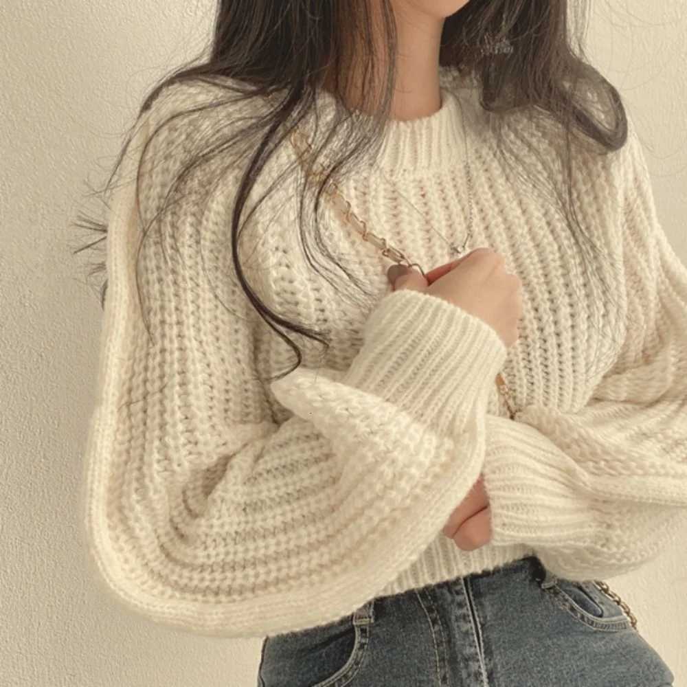 Korean Loose Long Sleeve Sweaters Fashion Women Harajuku Lantern Knit ONeck Solid Basic Jumpers Autumn Winter Soft Warm SweaterT251027