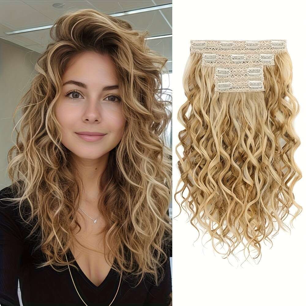 4Pcs Long Curly Waves 36Cm/14" Voluminous Black Wavy Texture Layered Ends, Natural Soft Extensions Women Heat Styling Friendly, Secure Clip-In Sy