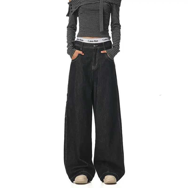 Chic Autumn Winter Vintage High Waist Embroidery n Versatile Cargo Jeans Straight Wide Leg Biker Pants Womens Y2k Clothing 251027