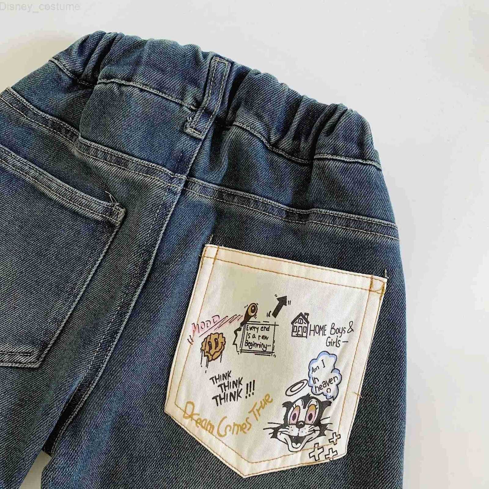 Disney Autumn Infant Baby Boys Pants Cartoon Embroidery Toddler Boys Ankle Length Pants Mid Casual Pocket Kids Baby Boys Wide Leg Jeans H251027