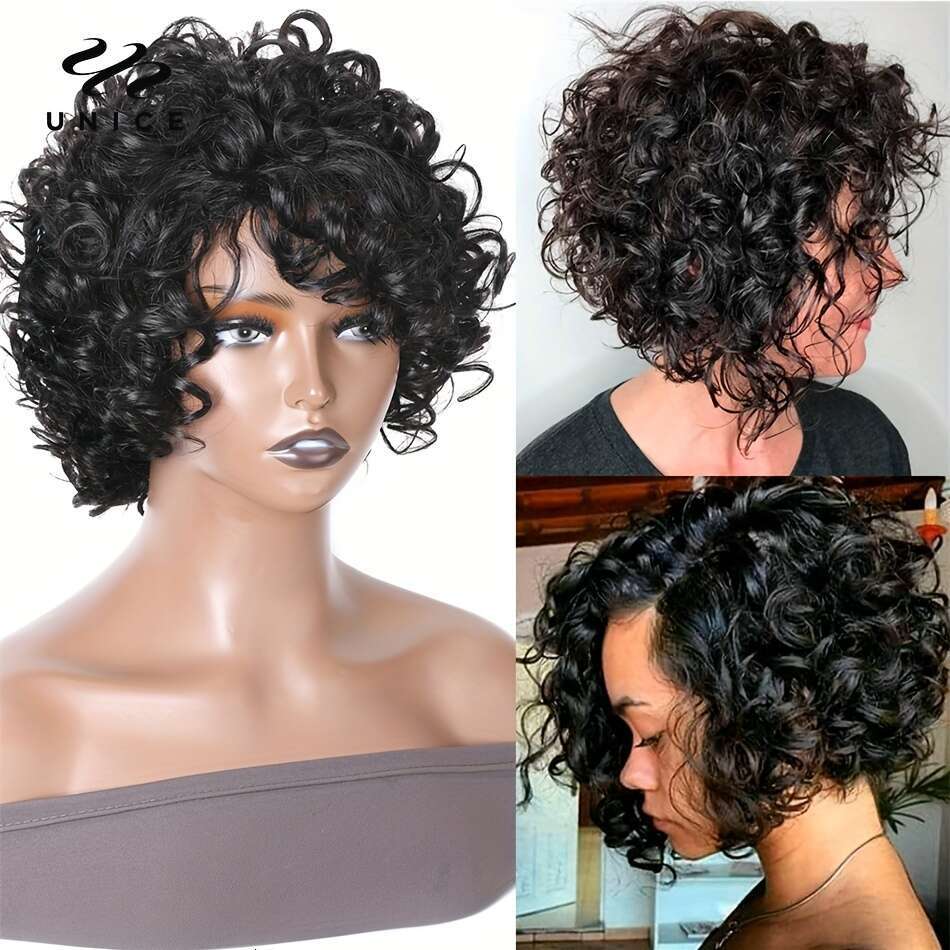 Unice Short Loose Curly Brazilian Bouncy Waves Pixie Cut Fluffy Curls Bob Wig For Women Human Hair Wigs