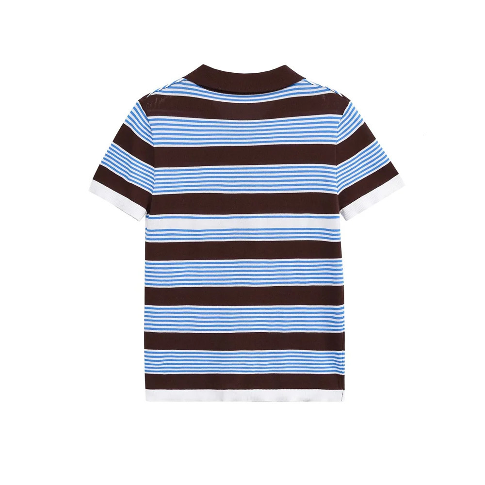 womens summer casual versatile buckle closed striped short sleeved knitted polo shirt collar top 251027