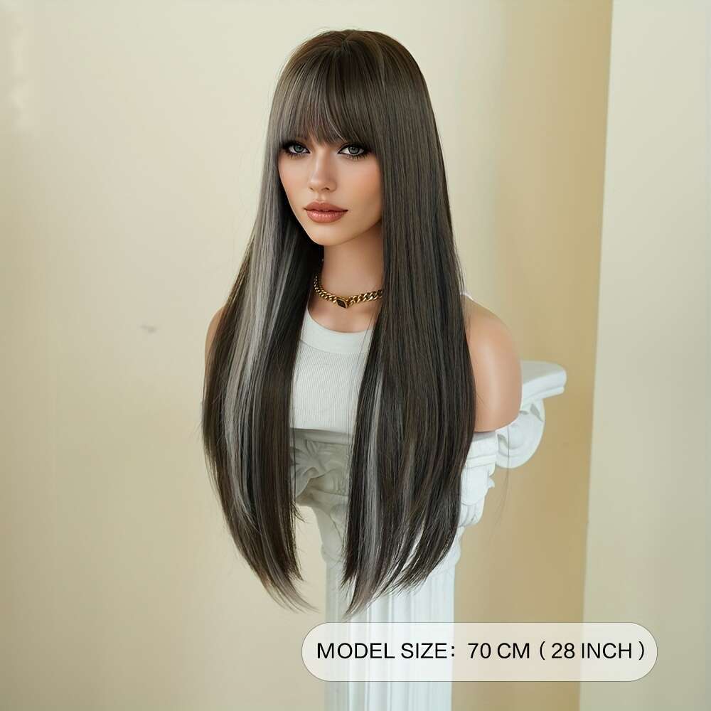 7Jhh WIGS Coffee Brown Heat Resistant Synthetic Hair, Natural Look For Everyday, Parties, Halloween Voluminous Straight Hairstyle With Rose Net Cap Wo