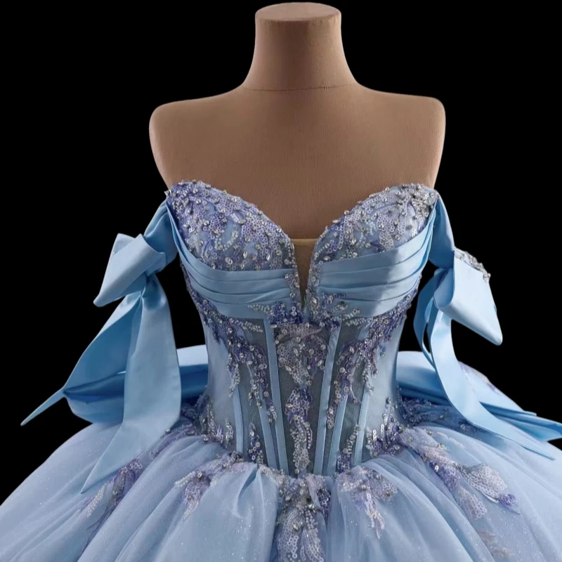 Sky Blue Quinceanera Dresses Off The Shoulder Applique Lace Beading Crystal Corset Tull Bow Party Birthday Sweet 16 Dress Vestidos 15 Anos