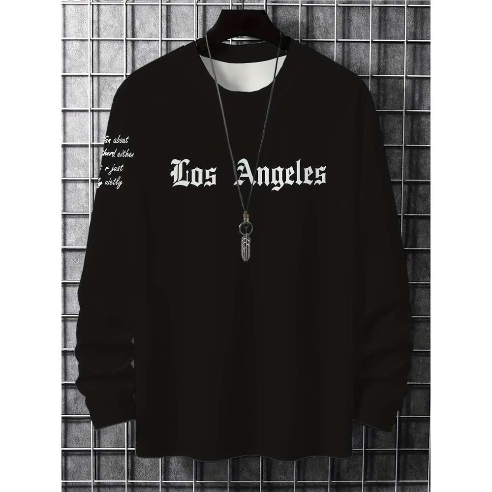 Men's Casual Long Sleeve T-Shirt With Los Angeles Graphic Print - Black & White Gothic Lettering, Round Neck, Hine Washable, Autumn Winter Fashio