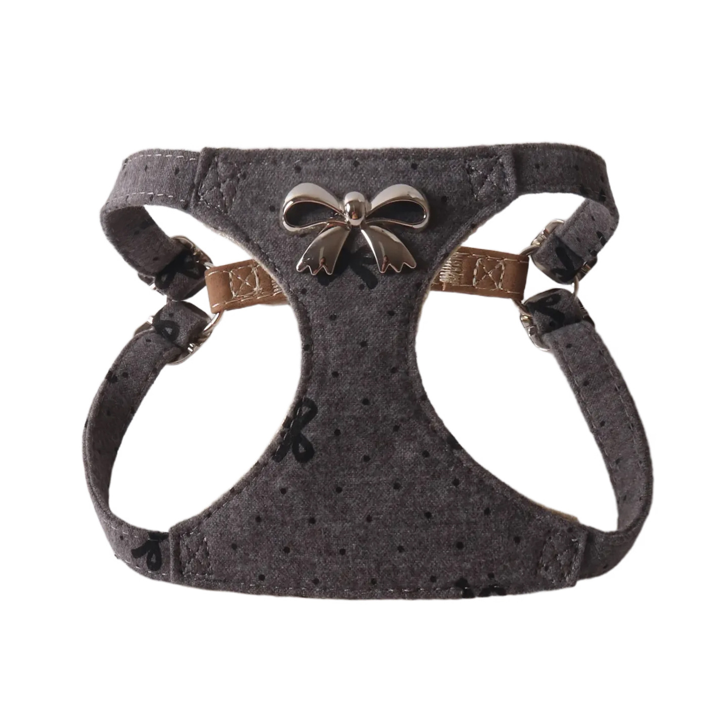 Fashionable Denim Pet Harness and Leather Set with Metal Bow Details - Adjustable Walking Vest, Suitable for pet walking sets for Small Medium Dogs B1