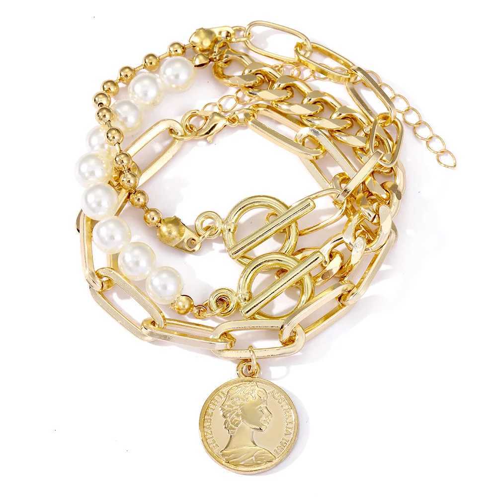 Boho Fashion Bracets For Wen New Vintage Geetric Pearl Human Coin Pendant Gold Color Jewelry Gift For Fa B029W251027