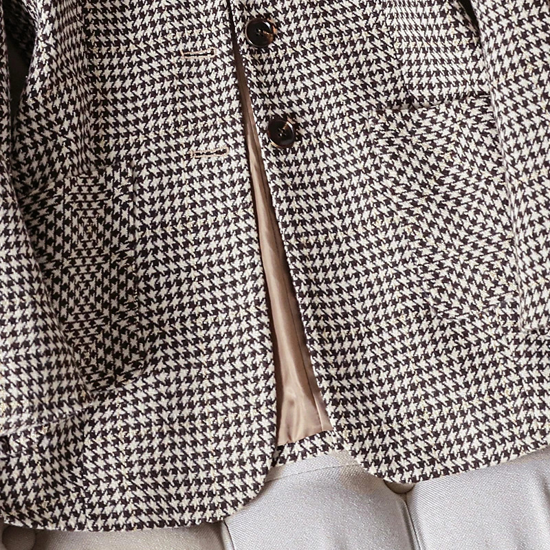 Coffee Plaid Blazer Women Tempeament Wool Long Sleeve Fashion Slim Jacket Office Ladies Work Coat Gray Tops 251027