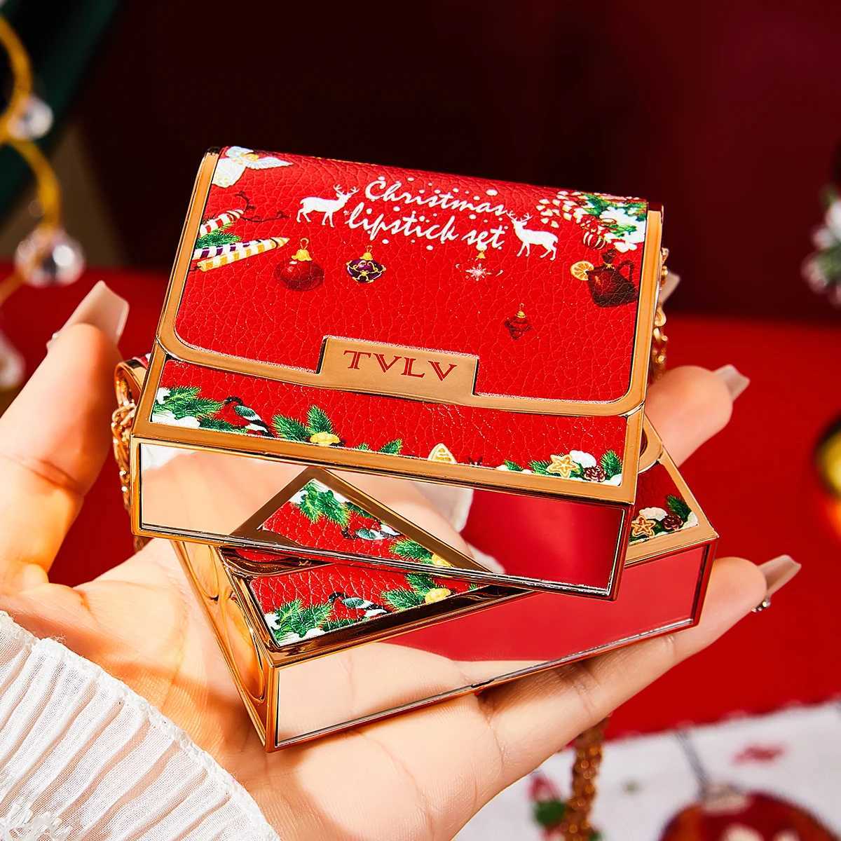 Christmas Matte Lipstick Set Retro Lip Stick Long Lasting Waterproof Smudge Proof Retractable Red Lipstick with Chain Retro Bag W251027