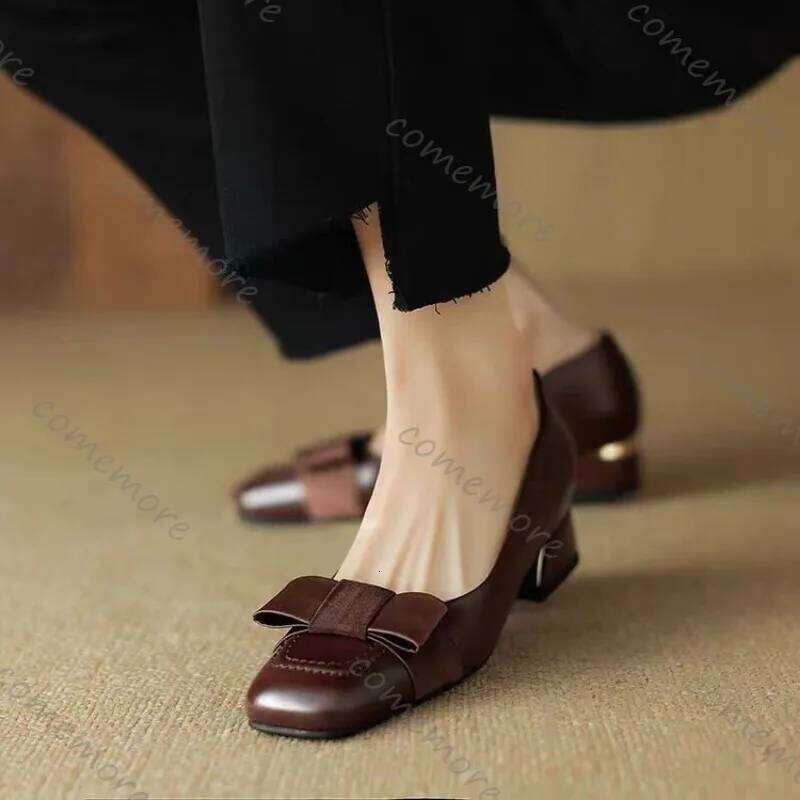 Comemore Spring Autumn Women's Bow Retro Middle Heel Single Square Head Leather Pumps Fashion Elegant Thick Heeled Shoes