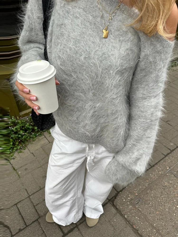 Fluffy Mohair Off Shoulder Cropped Sweater Oversize Slouchy Long Sleeve 2025 Autumn Cozy Women Knit Top Trendy Sweet Lady Jumper 251027