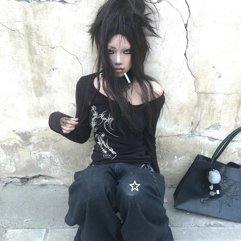 Karrcat Grunge Aesthetics Button Tops Trashy Y2k Tattoo Print Tshirt Vintage Gothic Black Irregular Tee Shirt American Retro 251027