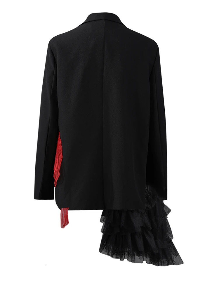 EAM Women Black Mesh Irregular Fish Spliced Big Size Blazer Lapel Long Sleeve Jacket Fashion Spring Autumn CPG2902 251027