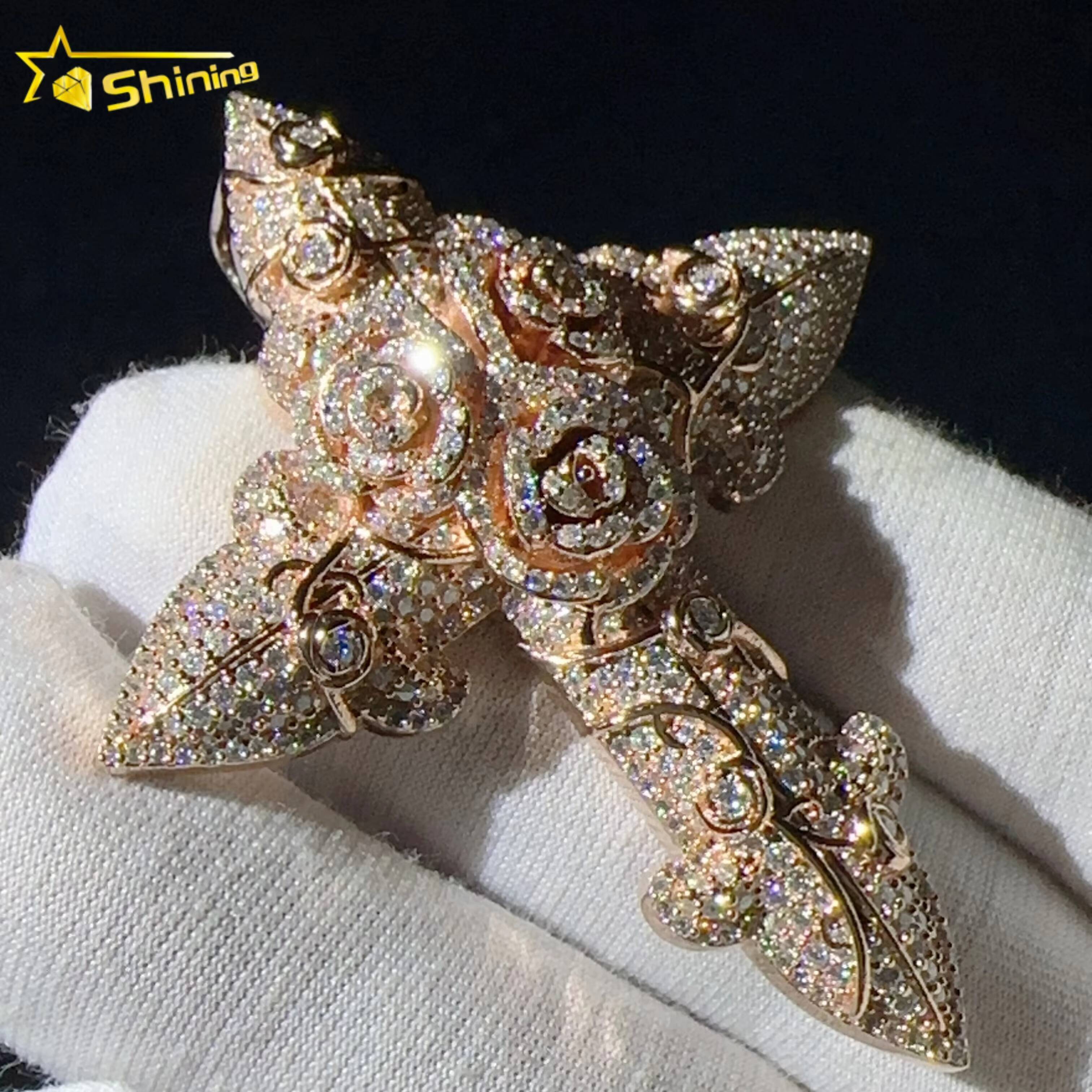 Sterling Silver 925 Custom Pendants Vvs Moissanite Lab Diamond Hip Hop Iced Out Flower Rose Gold Cross Pendant